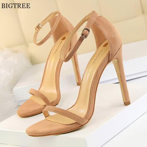 Soft Flock Thin Heel Concise Women Sandals 2021 New Summer Peep Toe Fashion Buckle High Heels Shoes Womens Office Sandals 11cm