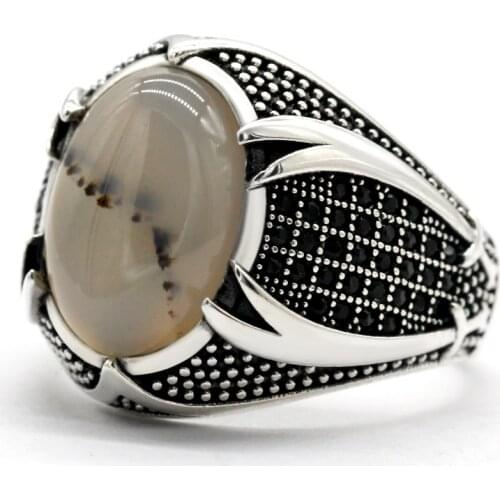 Mens Ring with Agate Stone 925 Silver Islamic Double Swords Vintage Natural Stone Ring Religious Jewelry for Male Women Gift