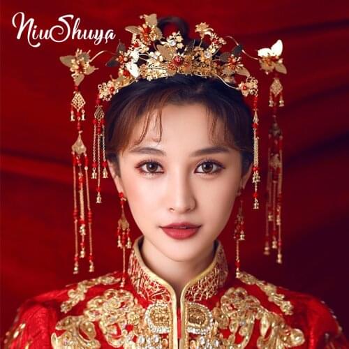 NiuShuya New Vintage Chinese Style Wedding Hair Accessories Jewelry Gold Butterfly Phoenix Headband Long Tassel Hairwear