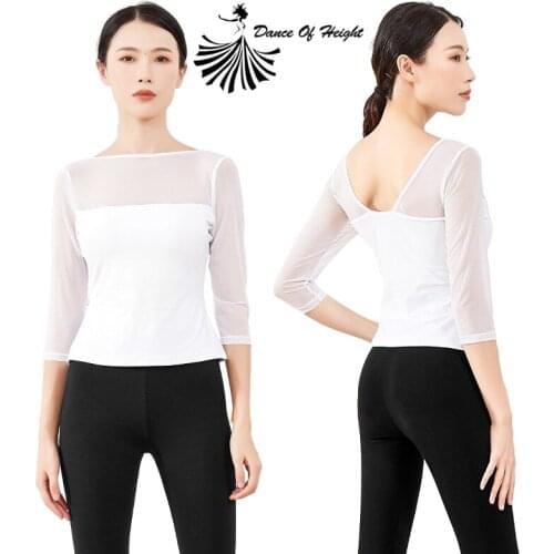 Solid Gauze Classical Dance Shirt Adult Ballet Practice Top Clothes High Elastic Mesh Modern Dancewear Back V Neck Half Sleeve
