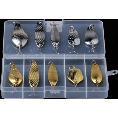 10Pcs 10g 20g Metal Bait Spoon Fishing Lure Gold/Silver Treble Hook Sequined Spinnerbait Pike Trout Bass Jig Fishing Tackle Box