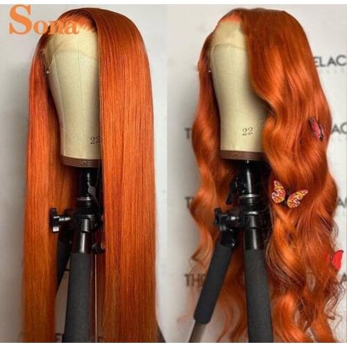 Transparent Lace Frontal Wigs Orange Ginger Straight Lace Front Wig 180% Density Colored Human Hair Wigs