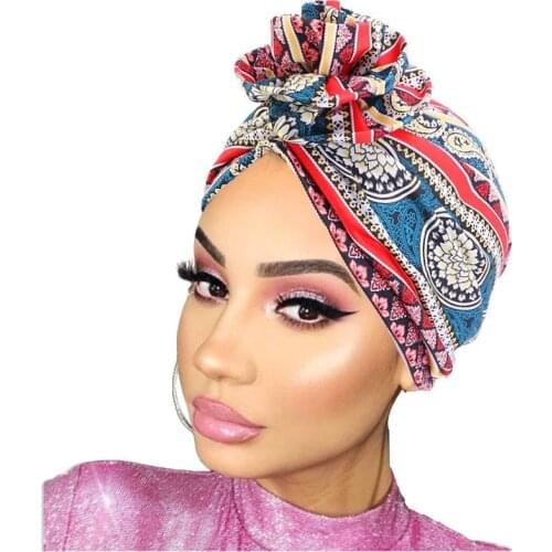 Luxury brand Chain Print Turban Caps for Women Stretchy Cotton Hijab Bonnet India Hat Muslim Headscarf Turbante Mujer