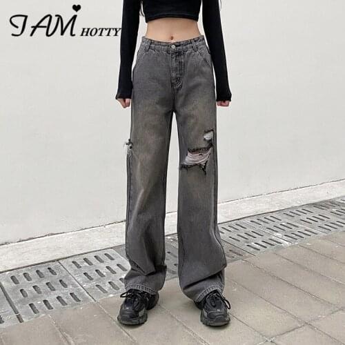 Ripped Distressed Straight Oversized Jeans Women Boyfriend Korean Hollow Out High Waist Baggy Trousers Mom Denim Street Iamhotty