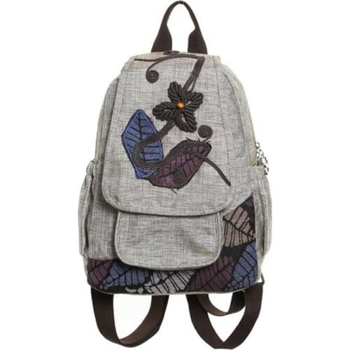Retro Floral Leaf Embroidery Female Lady Backpack Ethnic Style Leaf Flower Beads Rucksack Student School Bag Girl