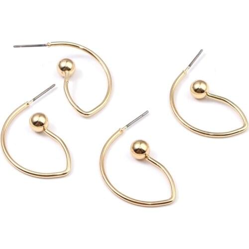 8Seasons Zinc Based Alloy Ear Post Stud Earrings Findings Drop Curve Gold Color Jewelry Accessories DIY Charms W/ Loop, 6 PCs