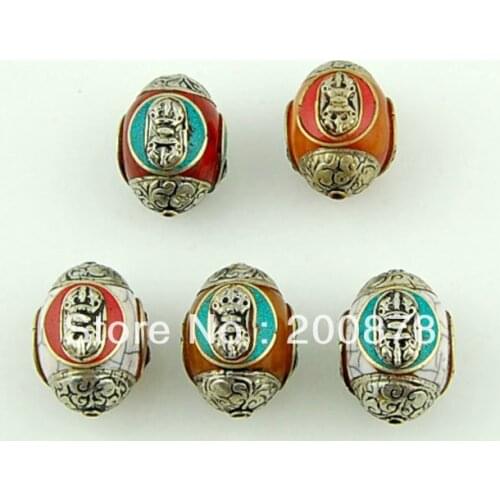 Tibetan Hand Beads Capped Colorful Resin Dorje Amulet Big Oval loose beads Nepal Handmade Vintage Beads NBB427