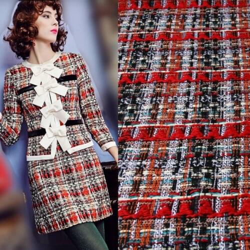Red Color Braided Tweed Fabric 50x145cm Yarn Dyed Wool Tweed Fabric For Women Coat Cotton and Viscose Blended Tissus au Metre
