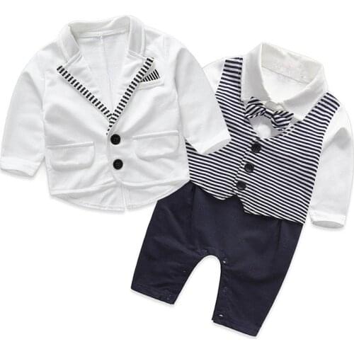 Spring Autumn Baby Set Newborn Clothing New Baby Boy Gentleman Formal Long Sleeve Striped Romper+White Outerwear 2 piece suits