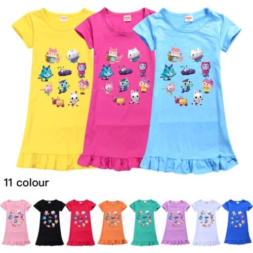 Gabbys Dollhouse Flower Girl Dress Girls Nightdress Clothes Summer Nightgown Kids Clothes Short-sleeved Pajamas Kids Home Wear