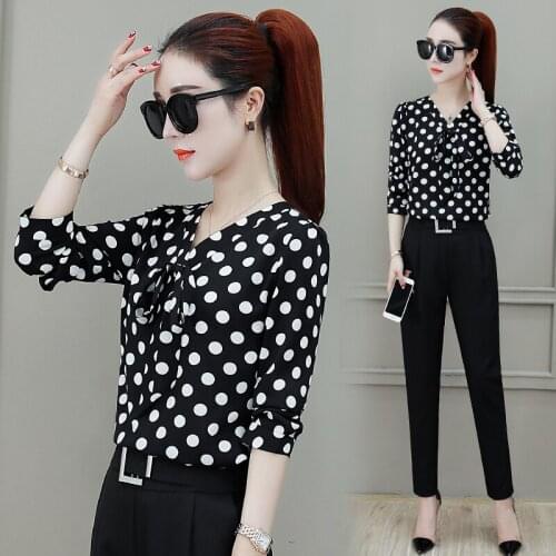 2019 White Blouse Polk Dot Women Chiffon Shirts Bow Ties Black Red Tops Female Student Long Sleeves Blusas Femininas NS9033