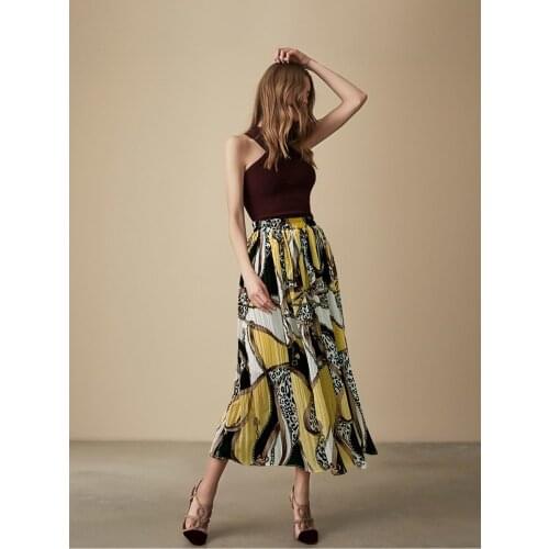 2019 Summer Chiffon Floral Pleated Skirts Womens Elastic Waist Midi Skirt Women Skirt Faldas