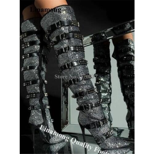 Women Sexy Bling Bling Diamond Rhinestone Stiletto Heel Over Knee Boots Black Crystal Straps Buckles Rivet Long High Heel Boots