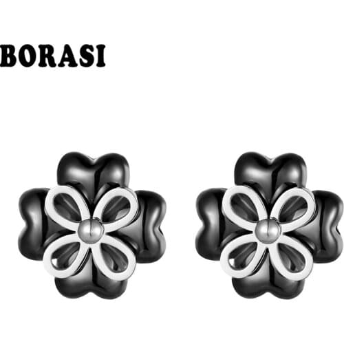 Black/White Flower Stud Earrings For Women Stainless Steel Ceramic Material Cute Sweet Jewelry Heart Earring Plant Earring