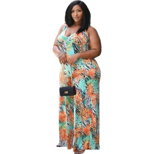 Sexy Halter Open Back Backless Jumpsuit Women Flower Print Wide Leg Rompers Sleeveless Beach One Piece Playsuit Plus Size 5XL