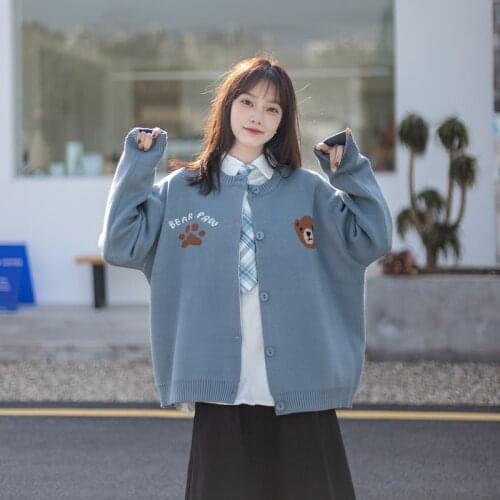 Cartoon Bear Embroidery Harakuju Knitted Women Cardigans 2021 Winter Warm Coat Sweet Style Girly Korean Fashion Soft Jumpers Top