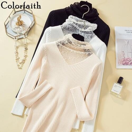 Colorfaith New 2019 Autumn Winter Women Sweaters Bottoming Knitting V-neck Wild Fashionable Lace Pullovers Femininas Tops SW512