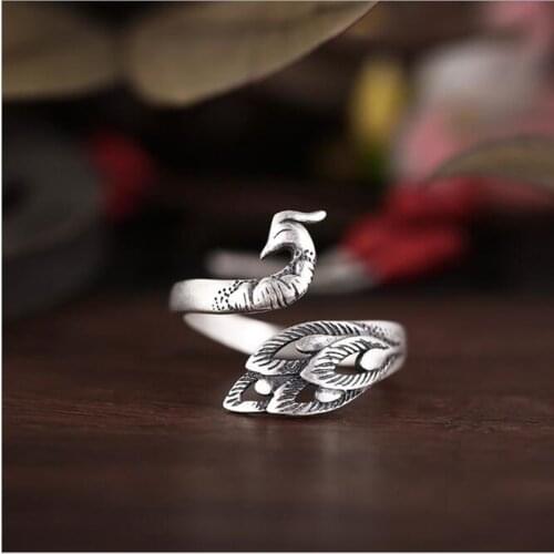 Retro 925 Sterling Silver Jewelry Thai Silver Personality Exquisite Peacock Wear Peony Accessories Female Opening Rings SR235