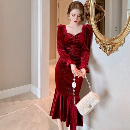 French Style Sheer Velvet Dress for Women 2021 Long Sleeve Corset Ruched Dress Ladies Slim Midi New Year Elegant Party Dresses