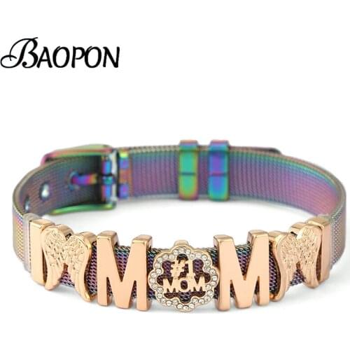 10mm Stainless Steel Mesh Bracelets With MOM Key & Lock Charm Slide Beads Bracelets Bangles For Women Mother Jewelry Gift