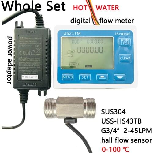 HOT Water US211M Digital Flow Meter Totalizer with SUS304 Flow Sensor USS-HS43TB G3/4" Hall Flow Sensor 2-45LPM iSentrol