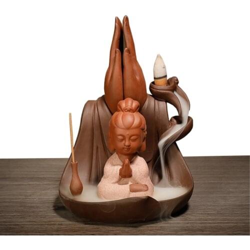Feng Shui Home Decoration Buddha Guanyin Backflow Incense Burner Optional 100pcs Incense Cones Buddhist Zen Monk Incense Base