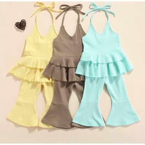 FOCUSNORM Fashion Summer Kids Girls Clothes Sets 2-7Y Solid Strap Sleeveless Halter Ruffles Vest Tops Flare Pants 3 Colors