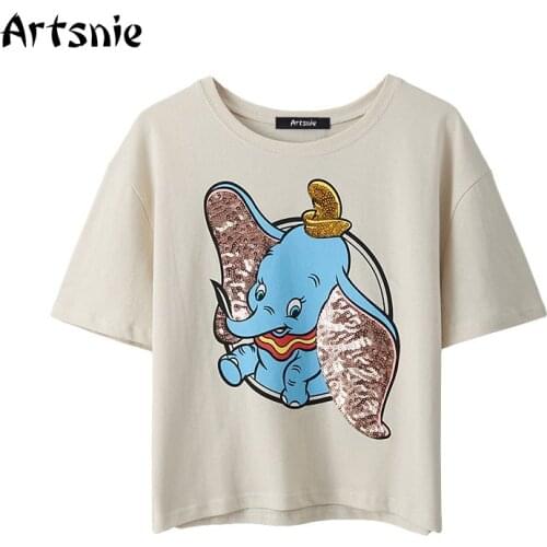 Artsnie disney dumbo cartoon t shirt women summer 2020 o neck short sleeve sequined tops cotton oversized sweet t-shirts femme