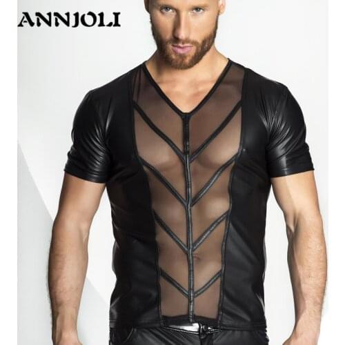 ANNJOLI Hot Adult Nightclub Clothes Gothic Patent Leather Sex Transparent ClubWear Exotic Gay Erotic Lingerie Men Party Costume