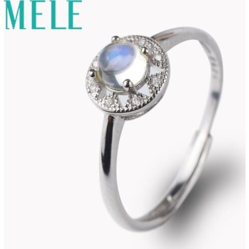Natural moonstone 925 sterling silver rings for women and girls,blue color 5mm round cut stone Circular triangle fine