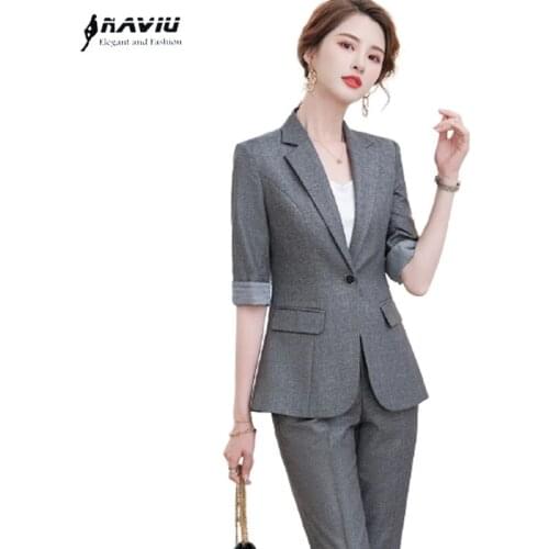 Gray Suits Women Half Sleeve New Spring Temperament Interview Formal Casual Blazer And Pants Office Ladies Casual Work Wear