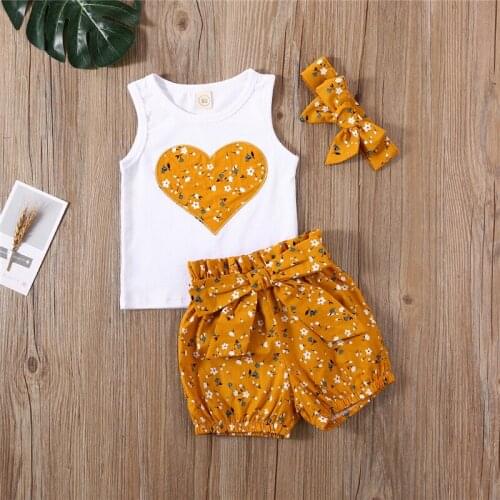 Cute Baby Summer Clothing Newborn Infant Baby Girl Heart Print Shirt Top Shorts Pants Outfit Cotton Clothes Set 3PCS