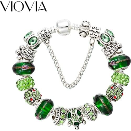 VIOVIA Hot Selling Jewelry Antique Sea Turtles Charm Bracelet Bangle Green Glass European Beads Bracelets for Women Gifts B17051