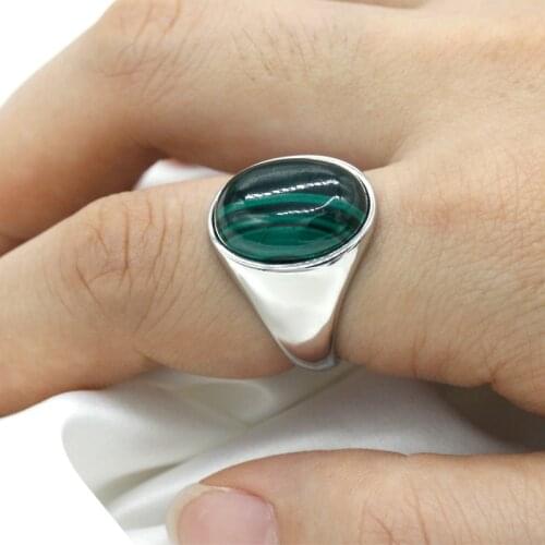 Real925 Sterling Silver Men Ring with Natural Malachite Stone Rings Oval Green Gemstone for Male Women Turkish Luck Jewelry Gift