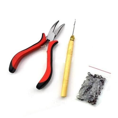 Hot Feather Hair Extension Tool Kit Pliers + Hook + 100Pcs Micro Silicone Link Beads