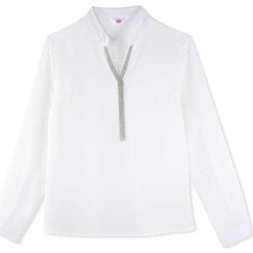 Neatie kiddie New 2019 Sping OL V-neck Chiffon Elegant Blouse Women Shirt Diamonds Female Solid Korean Style Tops Shirt