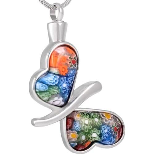 IJD8117 Colorful Murano Glass Butterfly Ashes Memorial Keepsake Stianless Steel Urn Pendant Necklace Cremation Jewelry