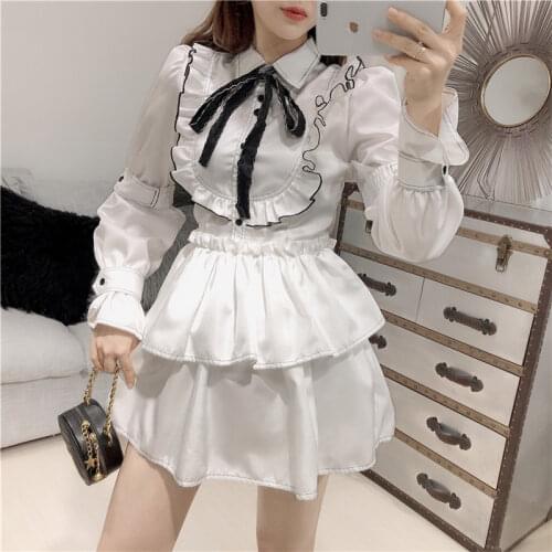 Kawaii Japanese Girls Black Dress Bowtie Lantern sleeved Vintage Mini Dress Autumn High Waist Ruffled Retro Dress Gothic Vestido