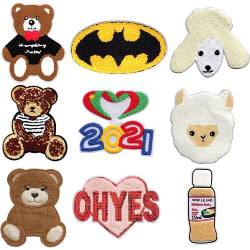 Cute Bear Love Cat Cartoon Girl Bottle Chenille Icon Towel Embroidery Iron Patch DIY Stripe Clothes Stitching Sticker Badge