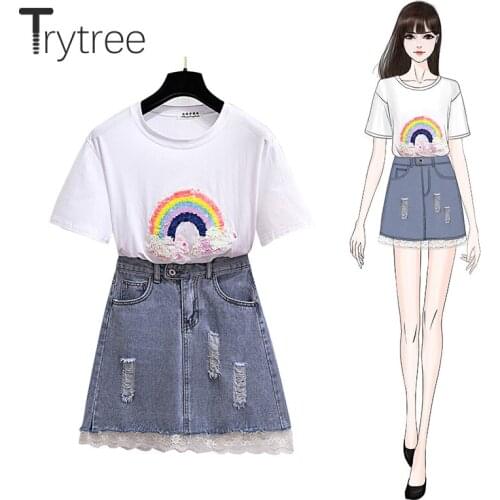 Trytree 2020 Summer Women Two Piece Set Casual O-neck Cartoon T-shirt Tops + Skirt Denim Patchwork Lace Fashion 2 Piece Set