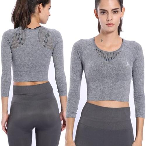 Womens Long Sleeve Mesh Patchwork Crop Top Shirt Solid Color Elastic Quick Dry Breathable Comfortable Running Gym Yoga Clothing