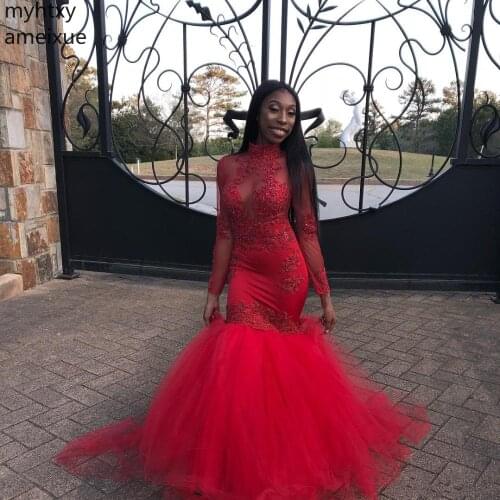 2020 Black Girls African Red Mermaid Red Evening Dress Long Sleeves Beads Applique High Jewel Neck Floor Length Dress Elegant