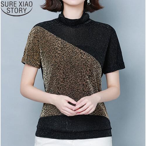 Spring 2021 Women Fashion Gold Leopard Print Short Sleeve Blouse Turtleneck Shirt Bat Sleeve Bright Yarn Bottoming Shirt 12852