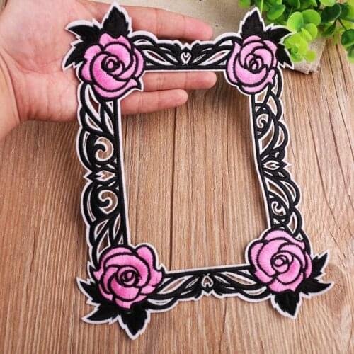 Sew on Flower Frame Embroidered Patches for Clothes Jacket Biker Appliques Rose Flower Patches Backpack 3D DIY Stripes Badges