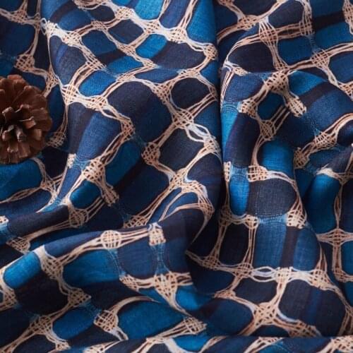 High quality pure flax fabric Spring and Summer Thin Black and Blue Lattice Printing tissu High-end dresses clothes material