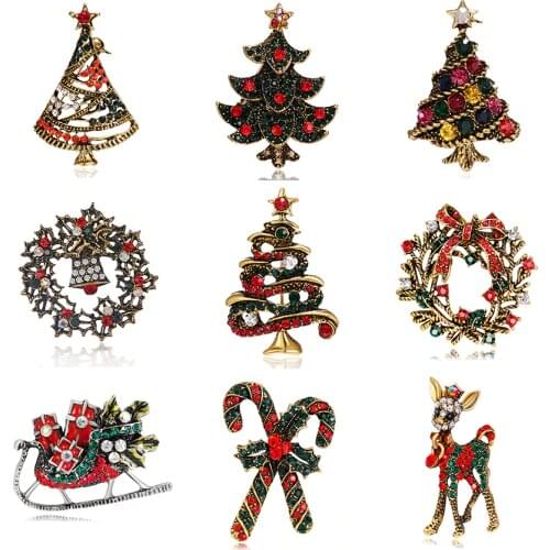 Rinhoo Vintage Gold Silver Color Wreath Bells Deer Christmas Tree Brooches For Women Kids Family Gift Clothes Decoration Jewelry