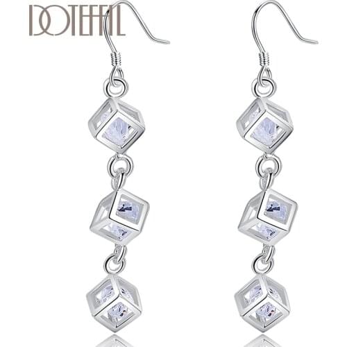 DOTEFFIL 925 Sterling Silver Square Cubic Zircon Drop Earrings For Women Best Gift Wedding Engagement Jewelry