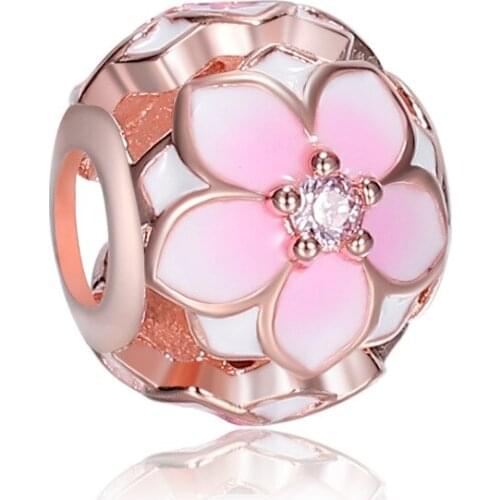 Genuine 925 Sterling Silver Rose Gold Magnolia Bloom Charm With Clear Cz Fit Women Pan Bracelet & Necklace Diy Jewelry