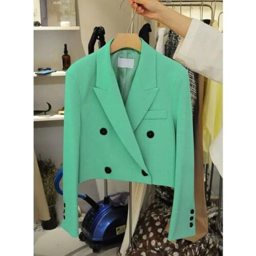 Blazer Women 2021 Korean Fashion Casual Small Suit Jacket Spring Autumn Solid Color V-Neck Double-Breasted Lady Short Blazer Top