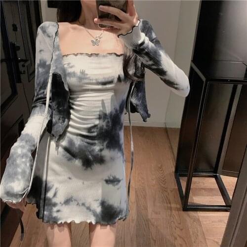 Wenfly Women Korean Tie Dye Outfits Strapless Backless Skinny Mini Dress Fashion Long Sleeve Cardigan Two Piece Sets
